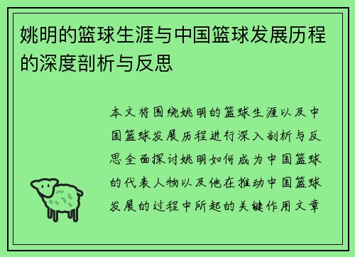 姚明的篮球生涯与中国篮球发展历程的深度剖析与反思