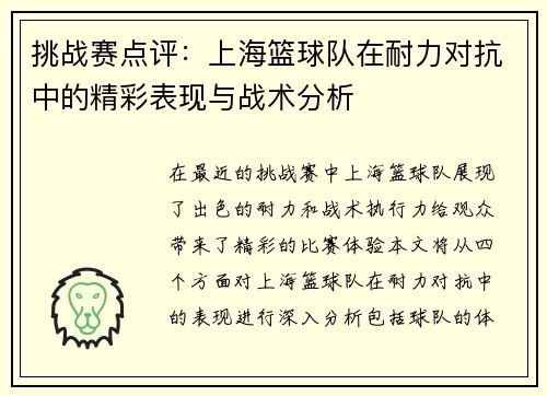 挑战赛点评：上海篮球队在耐力对抗中的精彩表现与战术分析